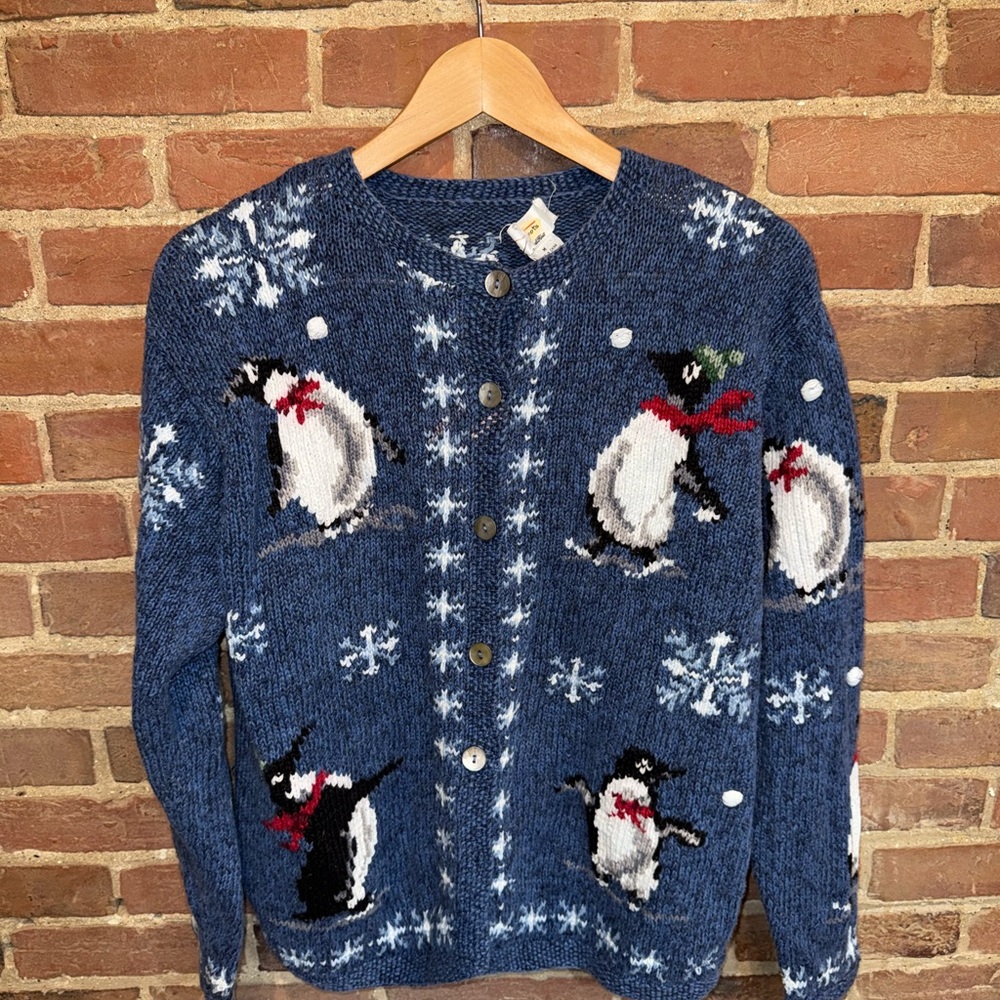 Talbots Blue Cardigan with Penguin Design